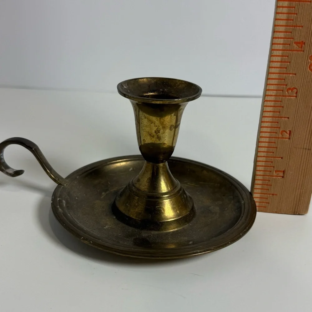 Vintage Brass Chamberstick Candle Holder Thumb Rest Finger Hole Drip Pan Patina